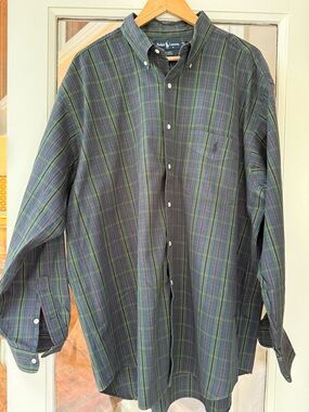 EUC VINTAGE Ralph Lauren Blue and Green Plaid  BIG Button-Down Shirt. Drycleaned